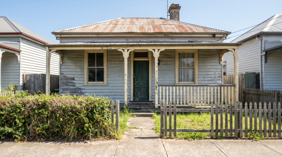 A weatherboard house before the repaint, peeling and faded